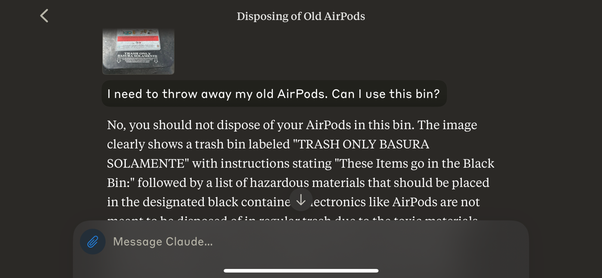Claude evaluating an image of a trashcan, reading the label, and correctly ascertaining that electronics are not supposed to go in there