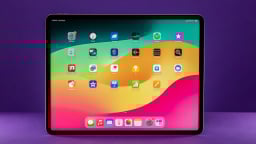 iPad Air in landscape mode against purple background