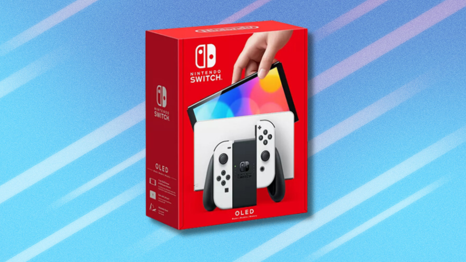 Nintendo Switch OLED on blue and white abstract background.
