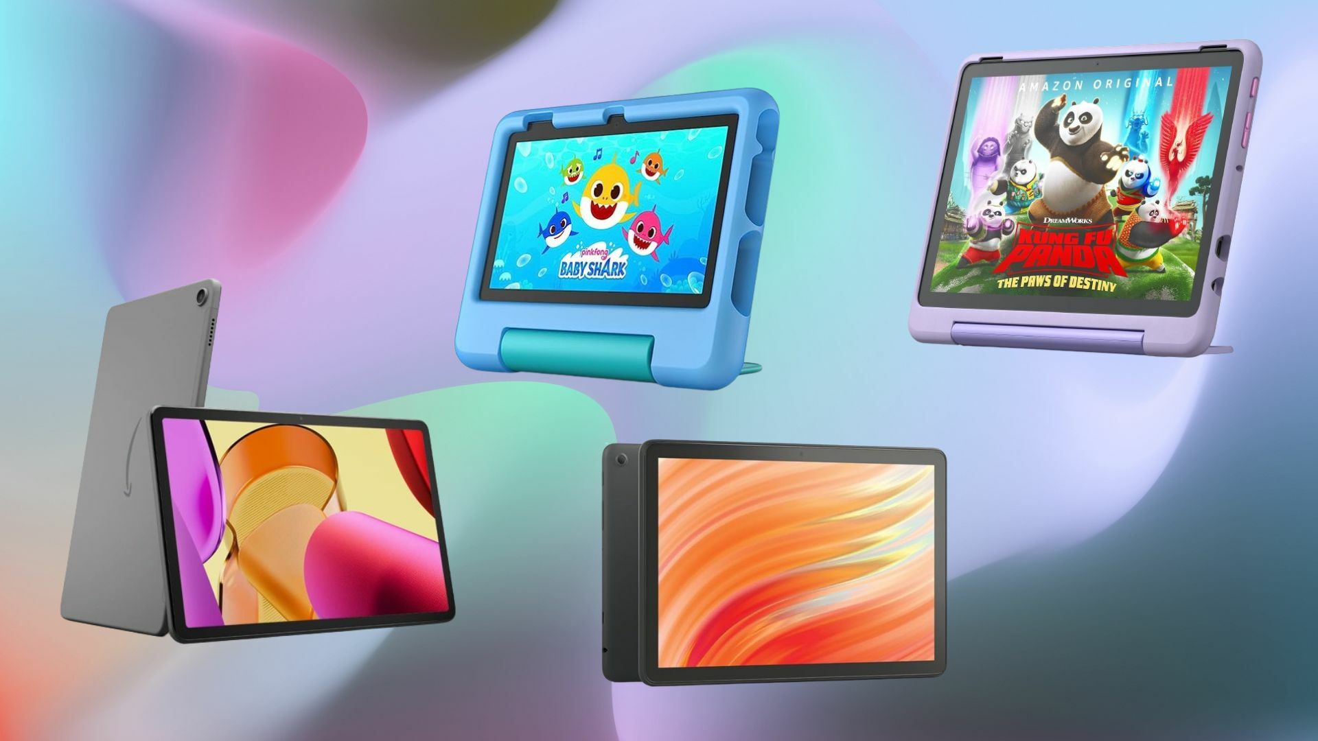 Amazon Fire Tablets on an abstract background