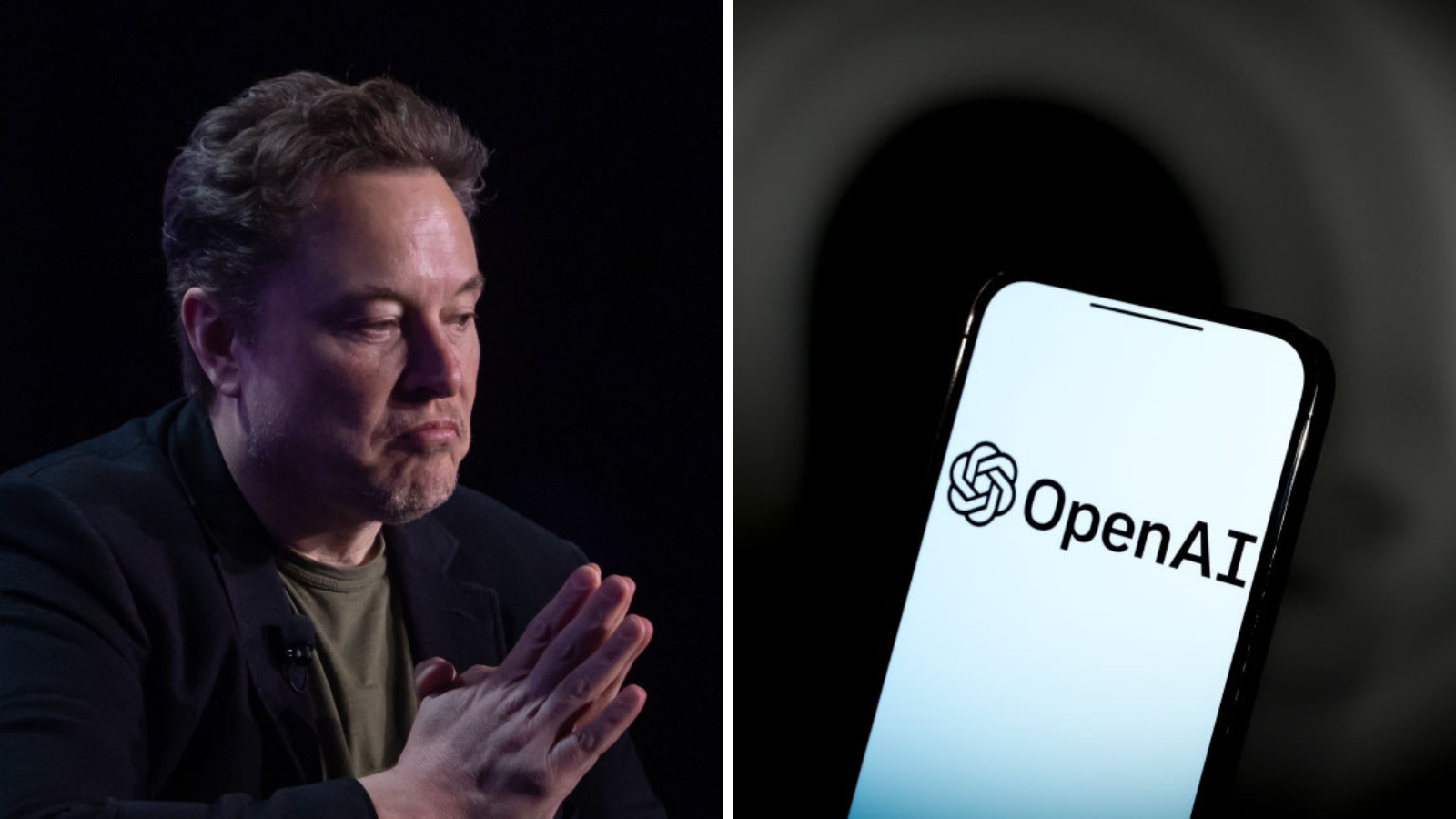 A composite of two images. On the left is a photograph of Elon Musk, on the right is a smartphone showing the OpenAI logo on a smartphone screen.