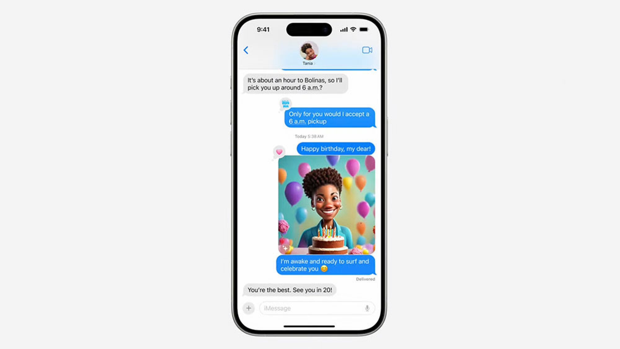 An image of a smartphone showing a text conversation and an animated image.