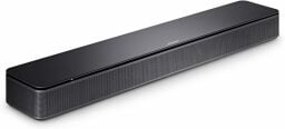 a black bose tv speaker soundbar sits on a tilt on a white background