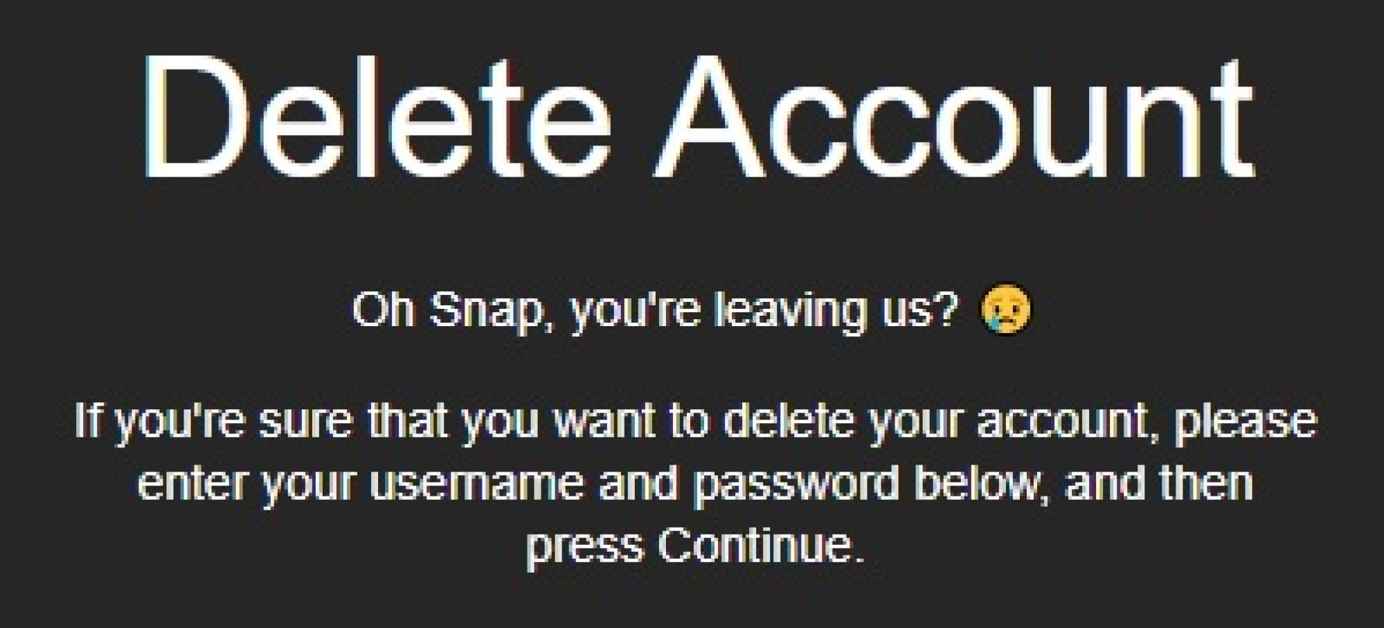The "Delete Account" page on Snapchat.