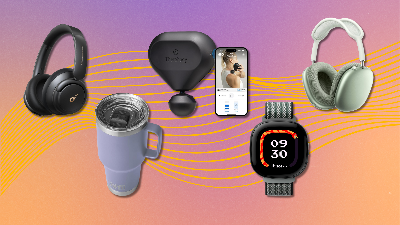 Soundcore headphones, Yeti mug, TheraGun Mini, Fitbit Ace LTE, and AirPods Max with colorful background