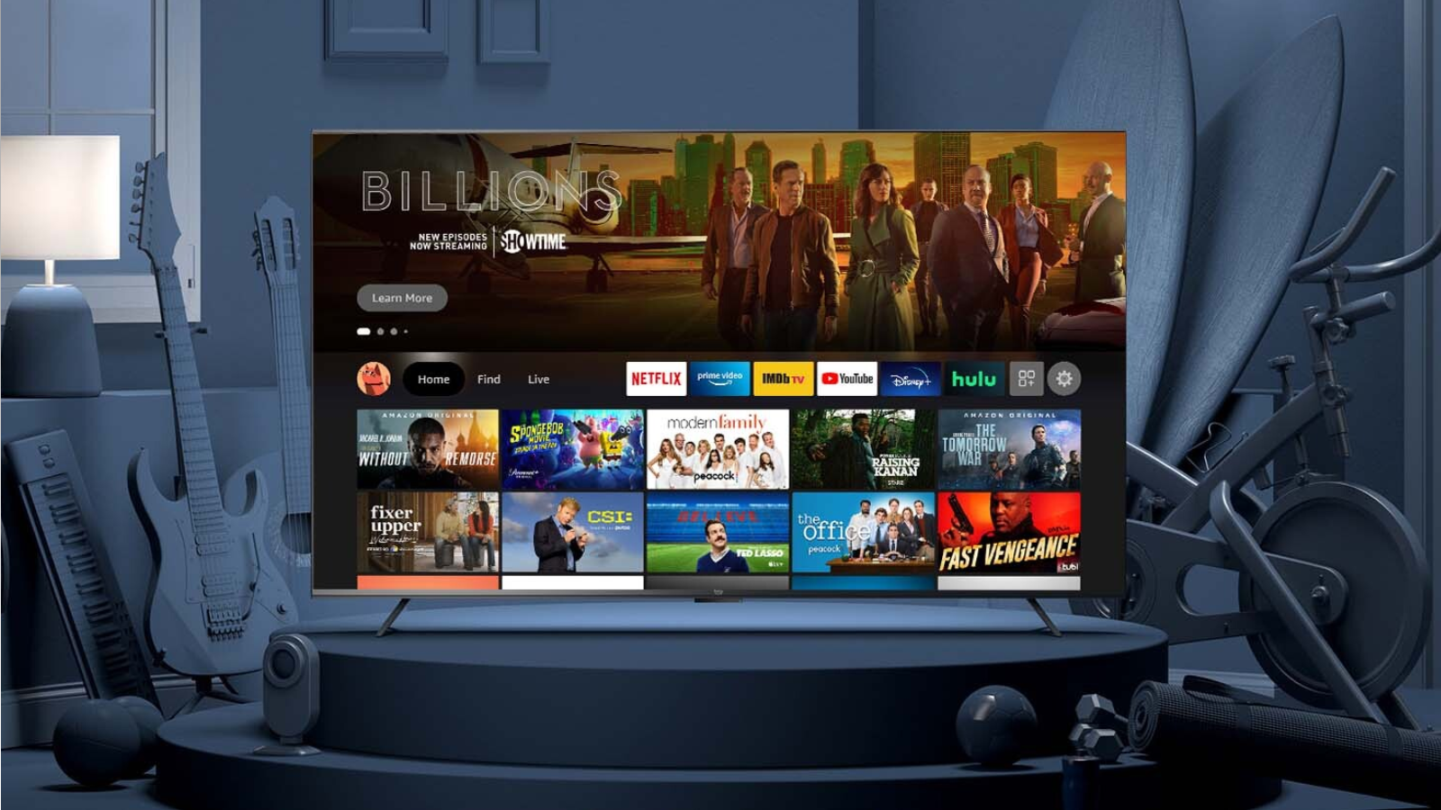 an amazon fire tv omni series surrounded by colorwashed objects