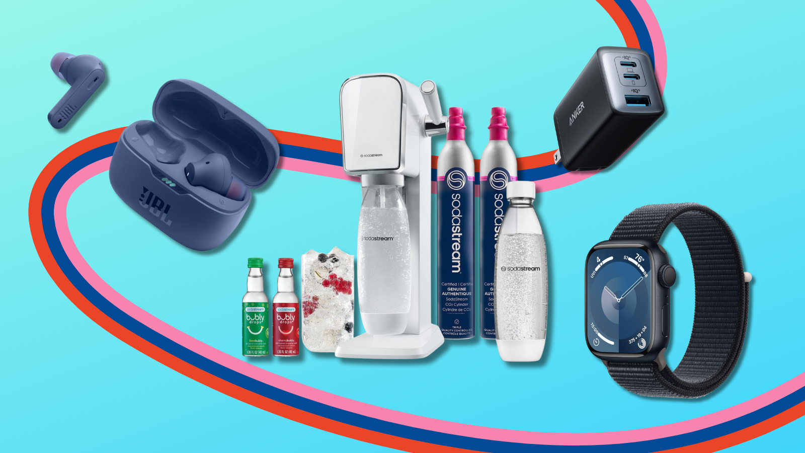 JBL earbuds, SodaStream sparkling water maker bundle, Apple Watch, and Anker charger with blue background and colorful stripe