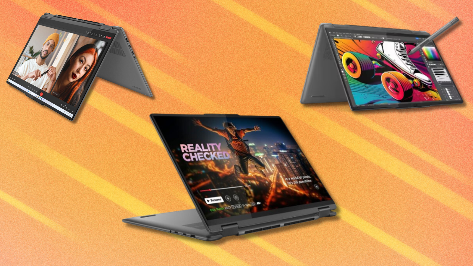 Lenovo laptops on orange and white abstract background