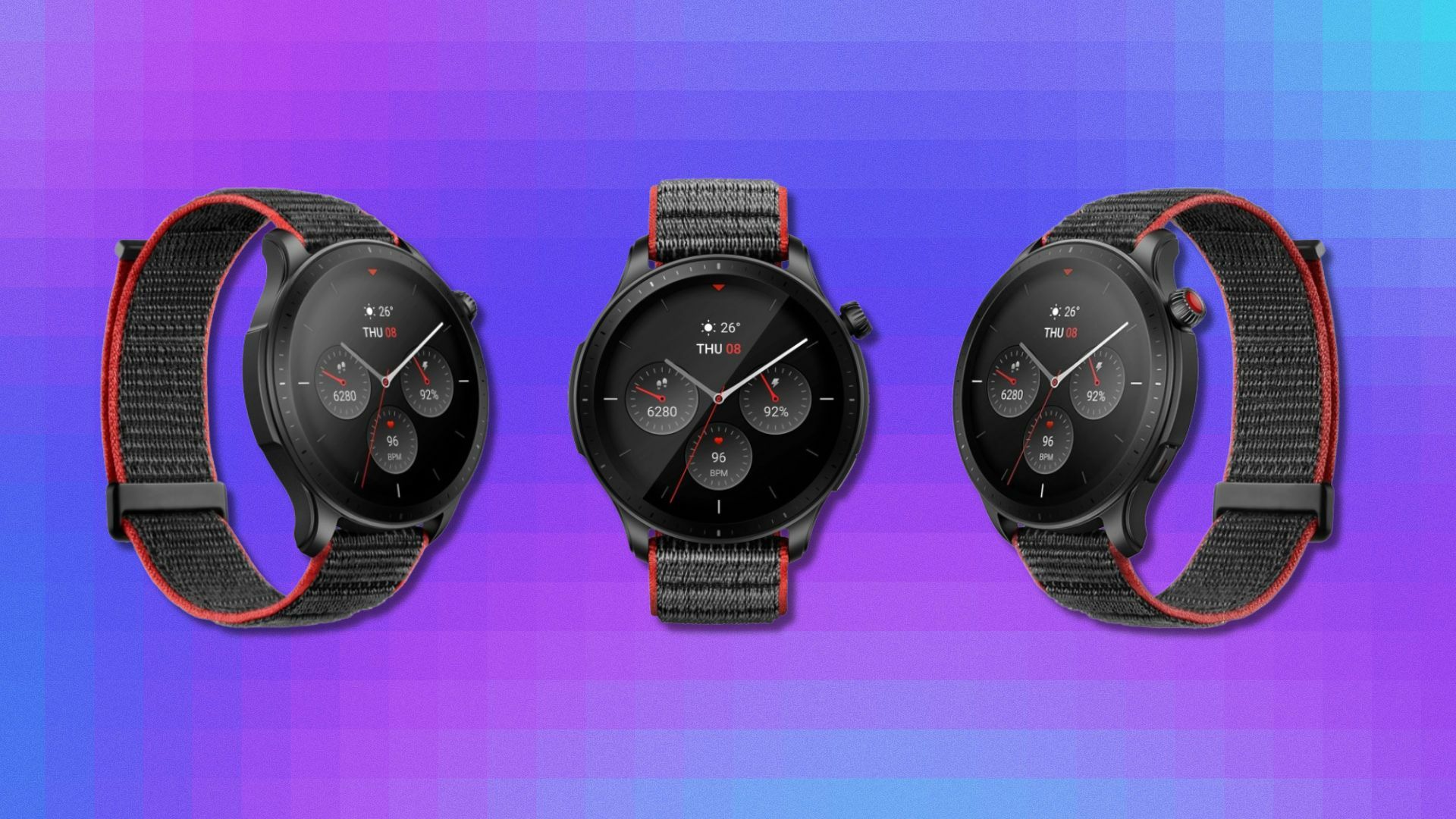 three amazfit watches on a dark purple pixelated background