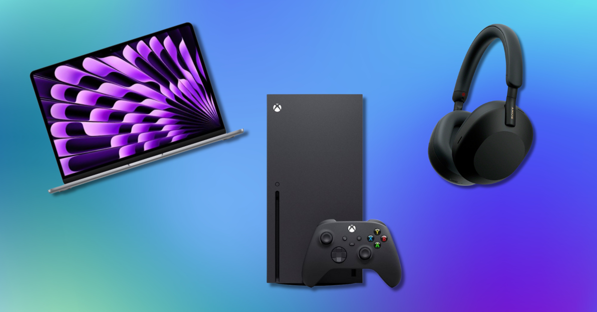 laptop, xbox, and headphones against a colorful background