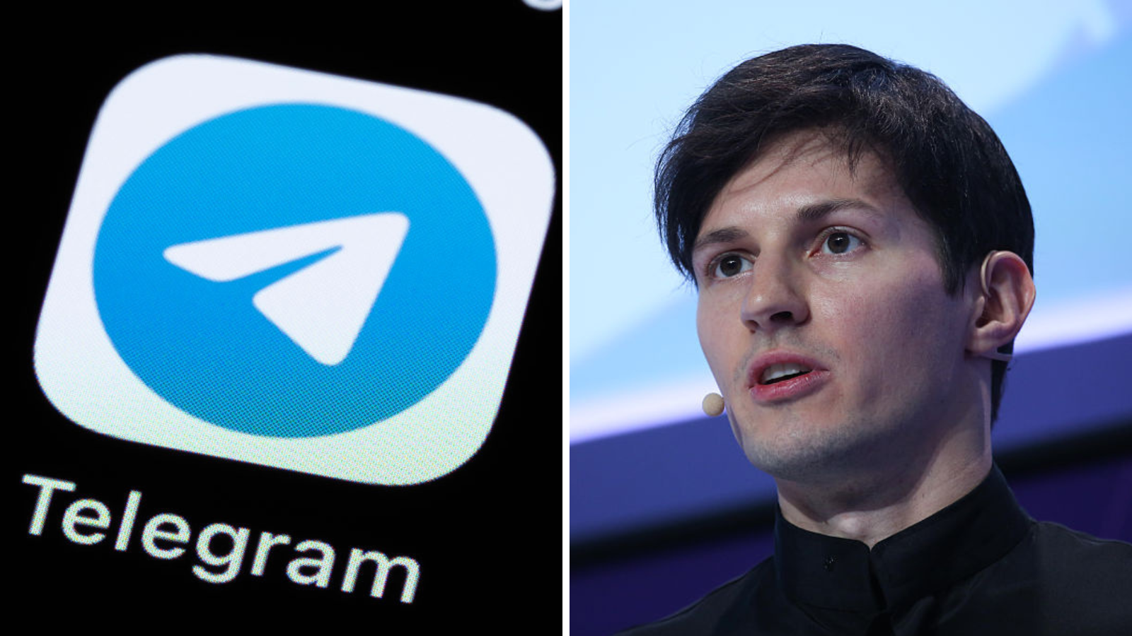 Two images. On the left, the Telegram app can be seen on the display of a smartphone. On the right, Pavel Durov, chief executive officer of Telegram, speaks during a keynote session at the Mobile World Congress in Barcelona, Spain, on Tuesday, Feb. 23, 2016.