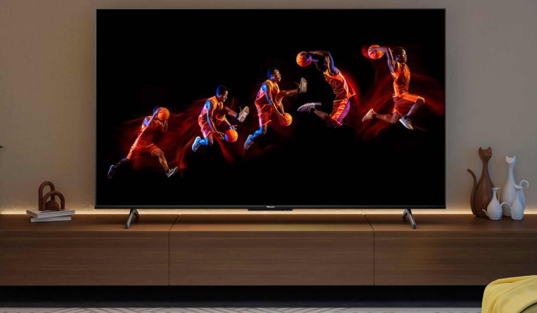 Hisense TV in living room setting with basketball player on screen