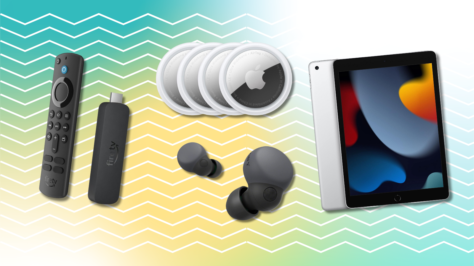 Amazon Fire TV Stick, Apple AirTags, Sony LinkBuds S, and iPad with colorful background