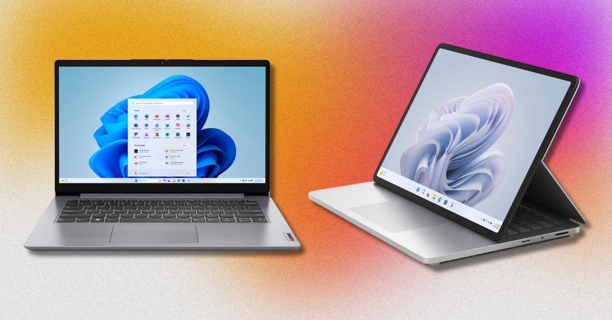 laptop and surface against a colorful background