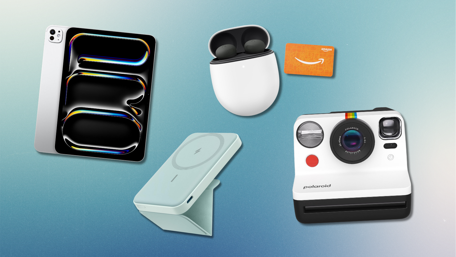 iPad Pro, Anker portable charger, Google Pixel Buds Pro 2 with Amazon gift card, and Polaroid camera with blue gradient background