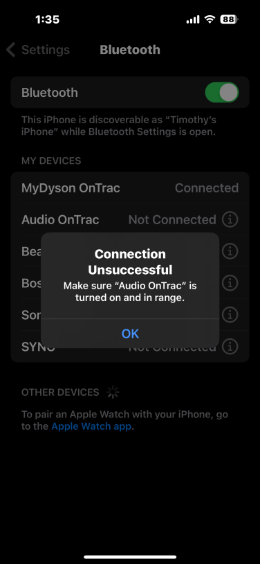 screenshot from iphone showing unsuccessful bluetooth pairing