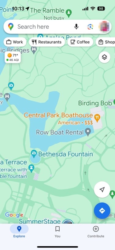 the new version of google maps showing three tabs on the bottom bar