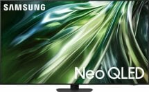 Samsung QLED TV with abstract green and blue screensaver