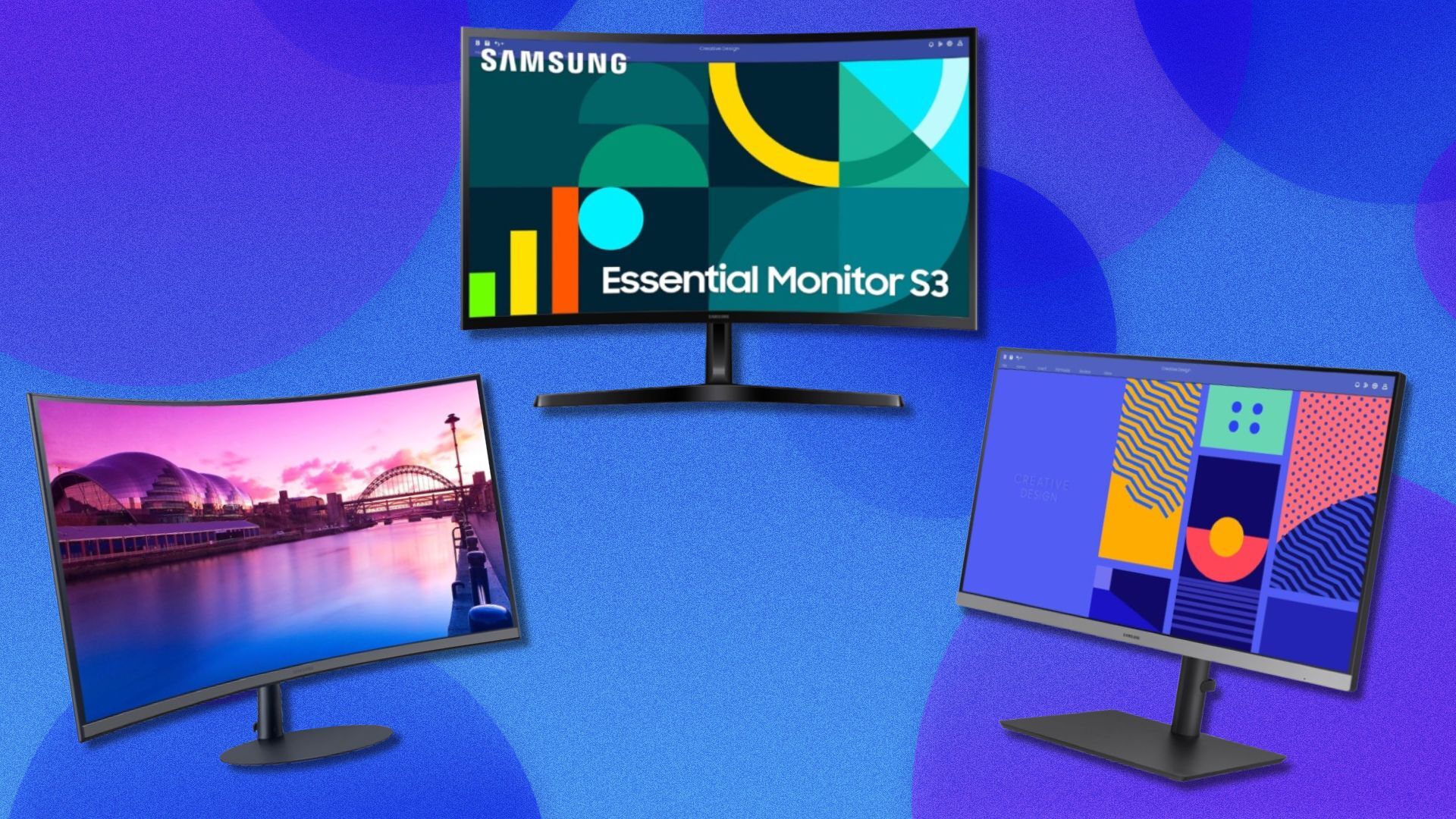 three Samsung monitors on a background with blue and purple