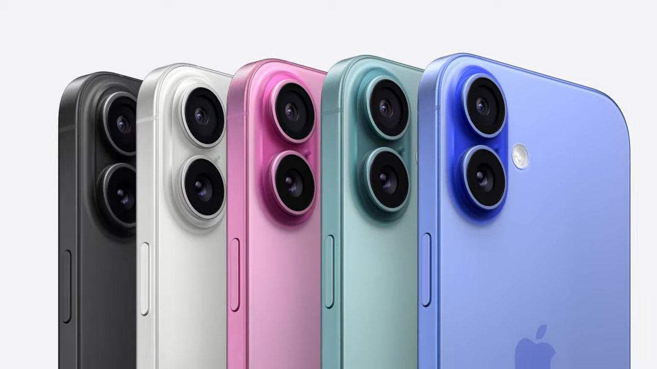 The five colors for iPhone 16: Black, white, hot pink, teal green, and bright blue.