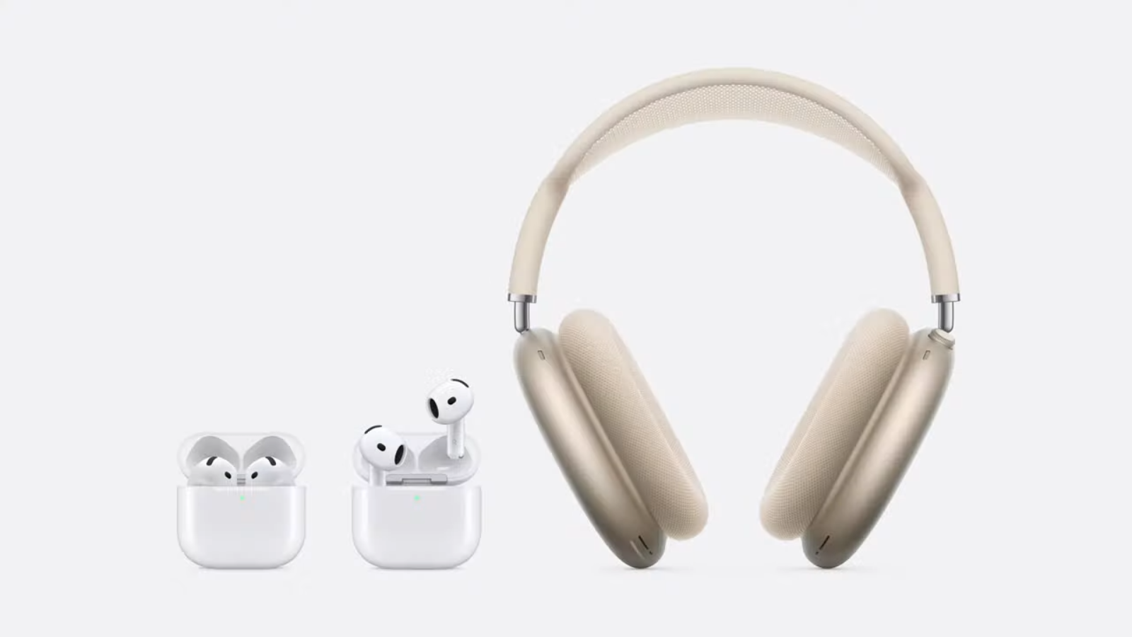 both models of the apple airpods 4 next to a pair of tan airpods max against a light gray background