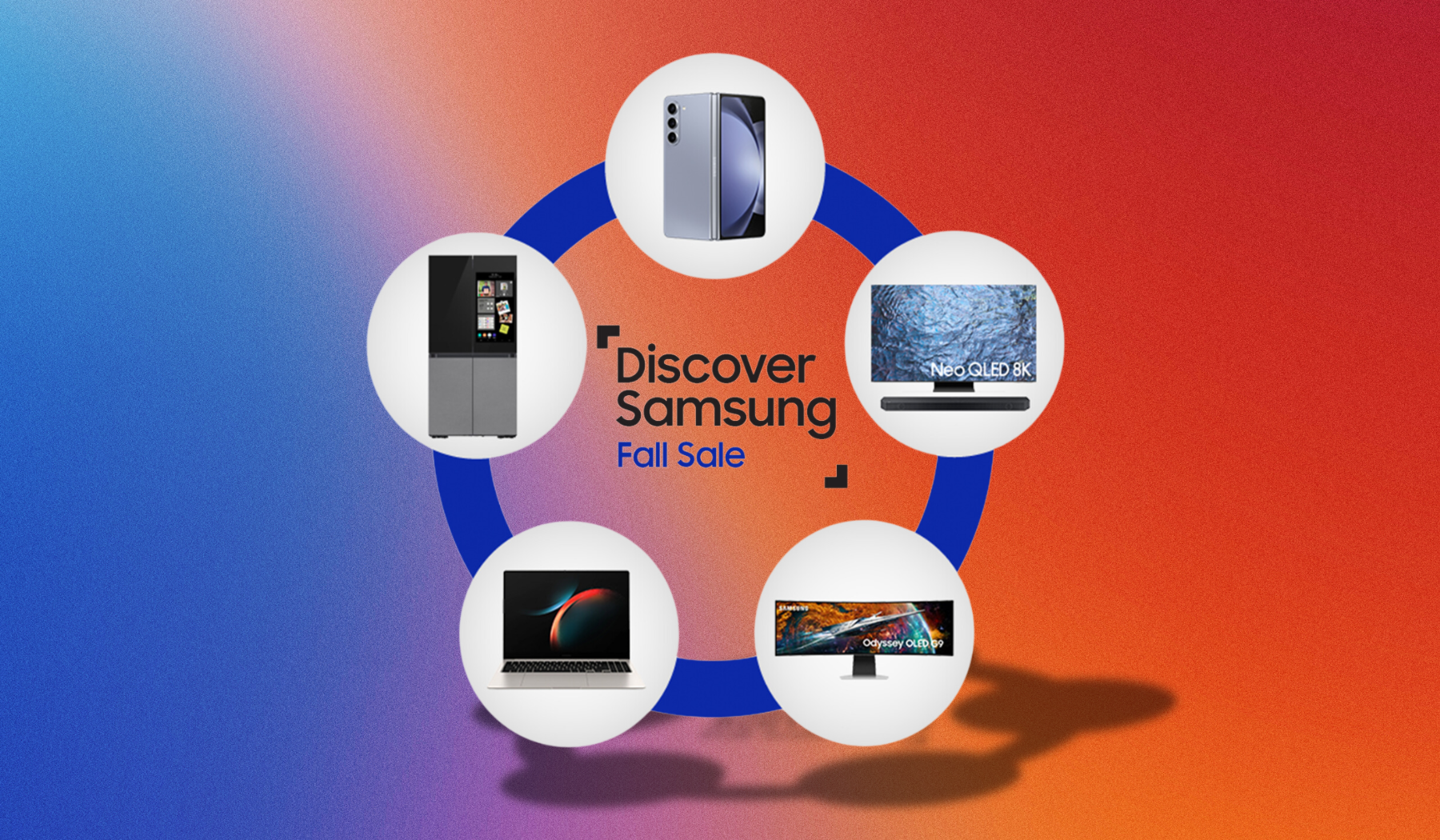 Circle graphic promoting the Discover Samsung sale event featuring a phone, TV, monitor, laptop, and refrigerator on blue and orange background