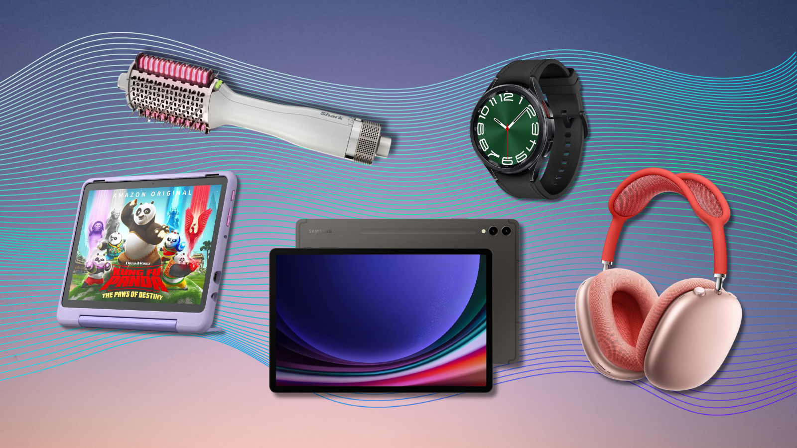Amazon kids tablet, Shark SmoothStyle, Samsung Galaxy tablet, Galaxy watch, and AirPods Max with colorful background