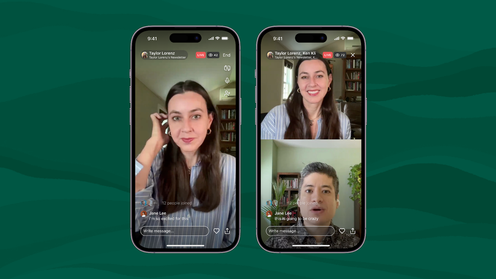 Three phones mocked up to show Substack's new livestreaming feature.