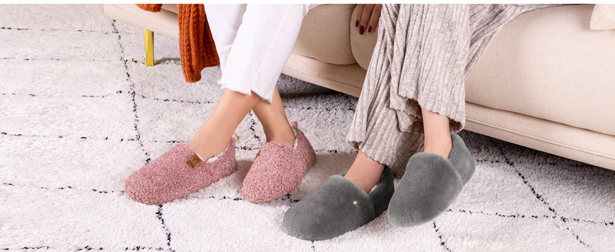 two people wearing pink and grey slippers