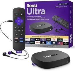 Roku Ultra streaming device, remote, and box