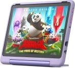 Amazon Fire HD 10 Kids Pro tablet in purple with Kung Fu Panda on screen