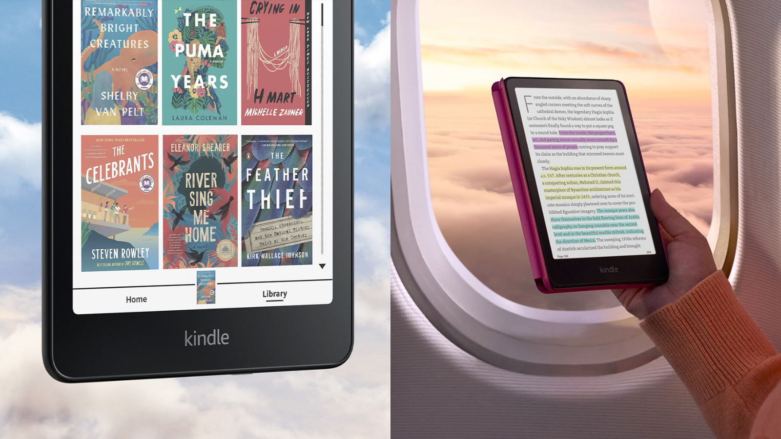 a close-up of the Kindle Colorsoft Signature Edition next to a person's hand holding the Kindle Colorsoft Signature Edition in front of an airplane window