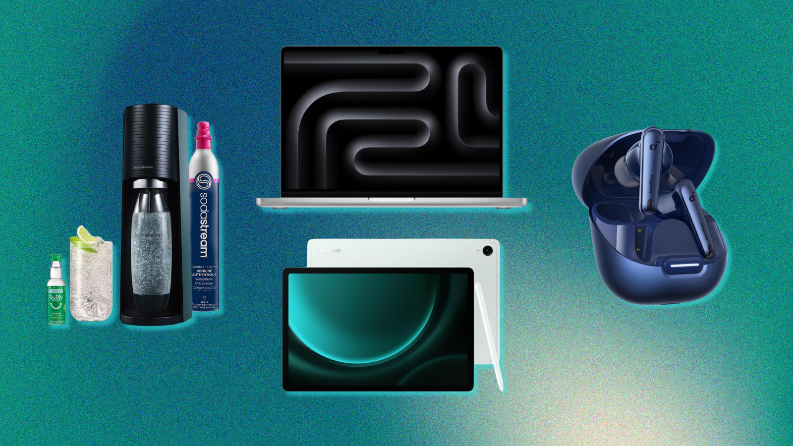 blue and green gradient background with collage of MacBook Pro, Samsung Galaxy Tab S9 FE, SodaStream Terra bundle, and Soundcore Liberty 4 NC earbuds