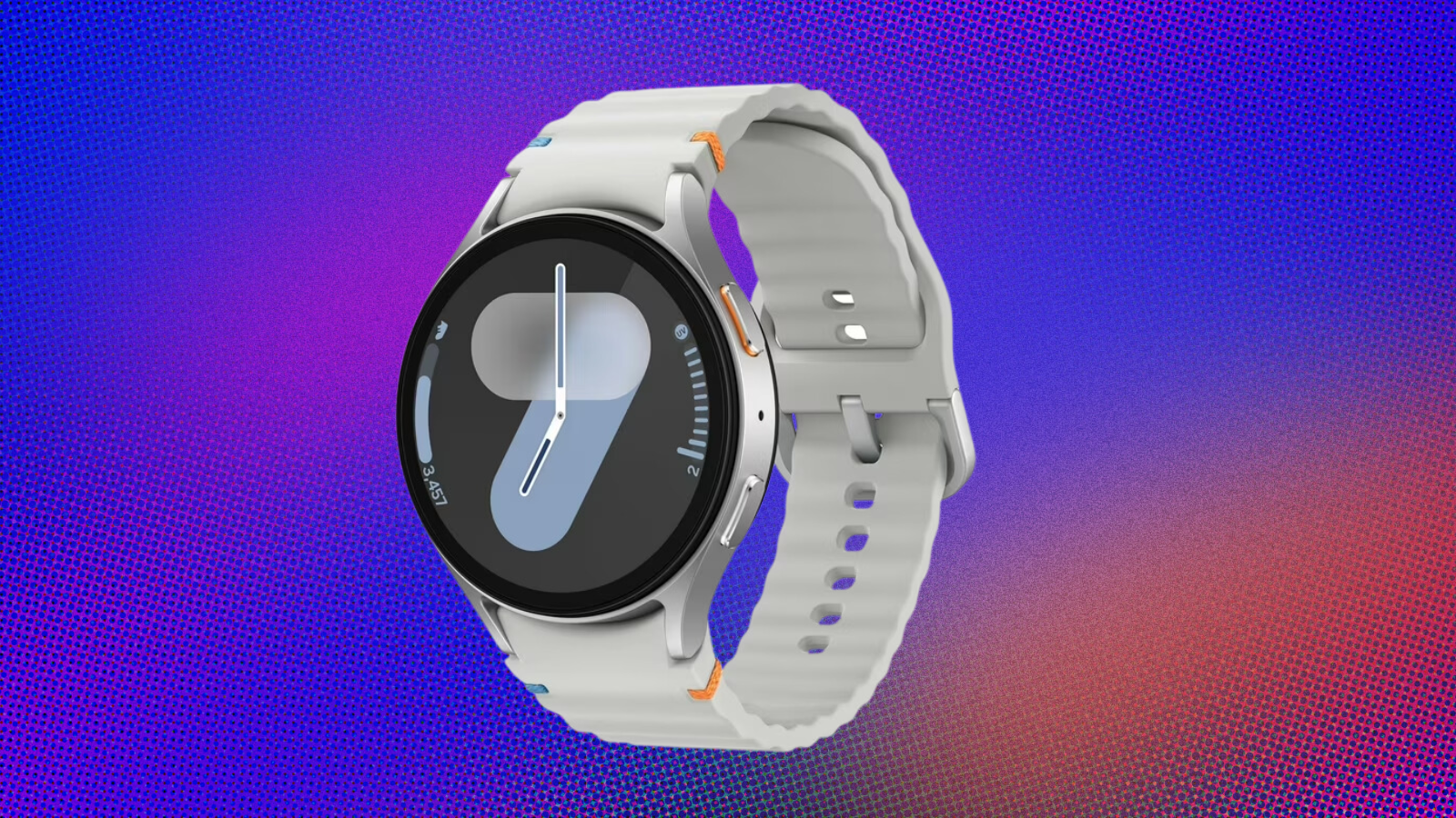 Samsung Galaxy Watch 7 on red, blue, and orange abstract background