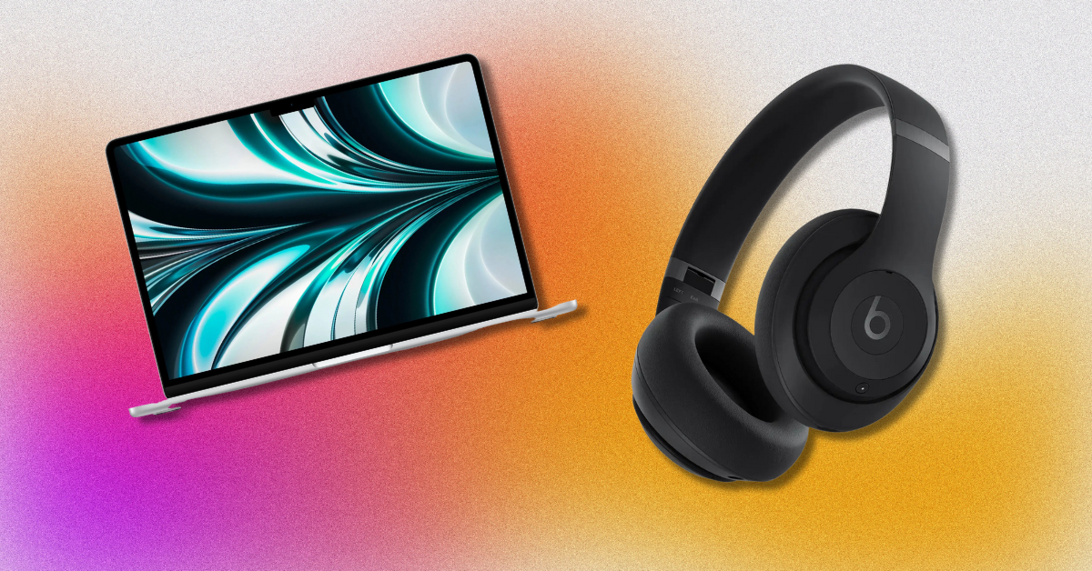 macbook and beats headphones against a colorful background 