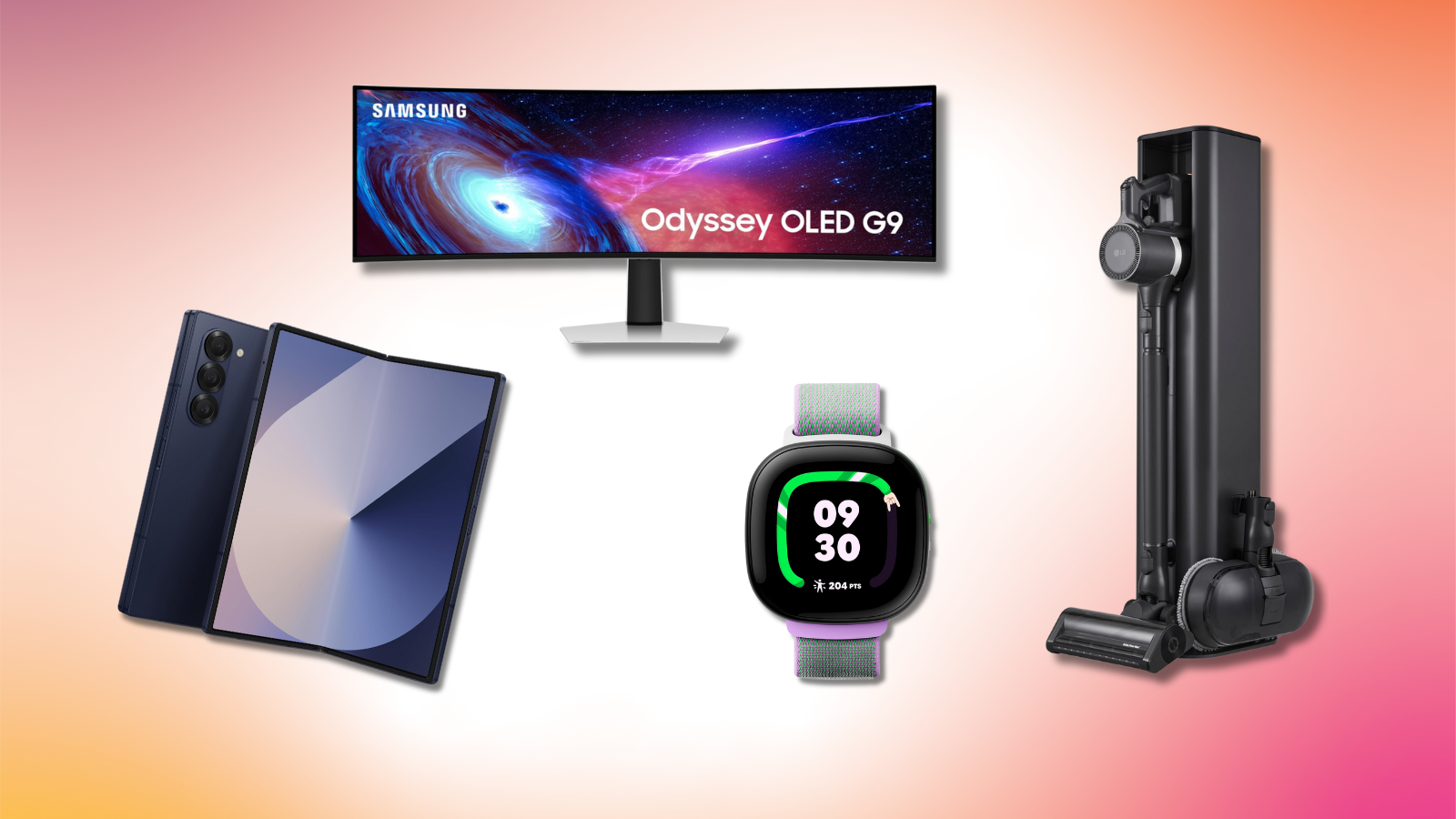 pink gradient background with collage of LG CordZero vacuum, Samsung gaming monitor, Samsung Galaxy Z Fold 6 phone, and Google Fitbit Ace