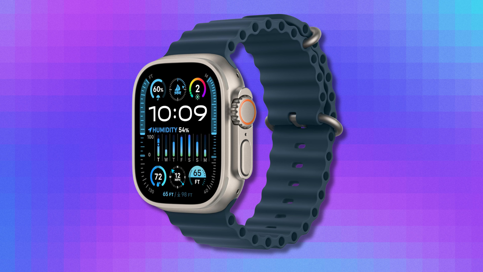 Apple Watch Ultra 2 on pink, purple and blue abstract background