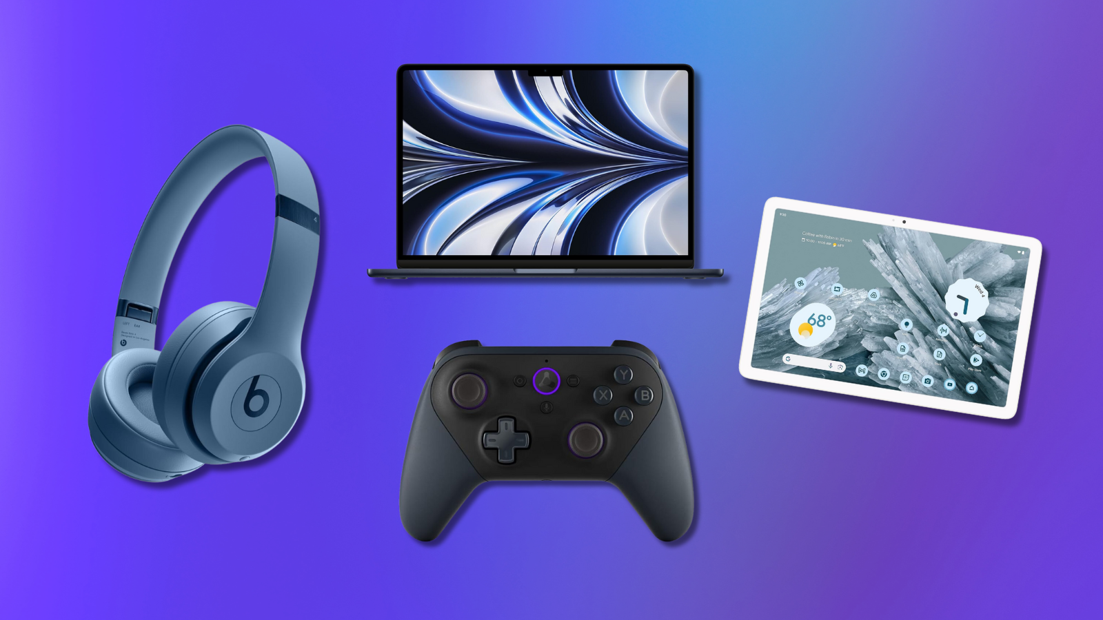 blue gradient background with Beats headphones, MacBook Air, Google Pixel tablet, and Amazon Luna controller