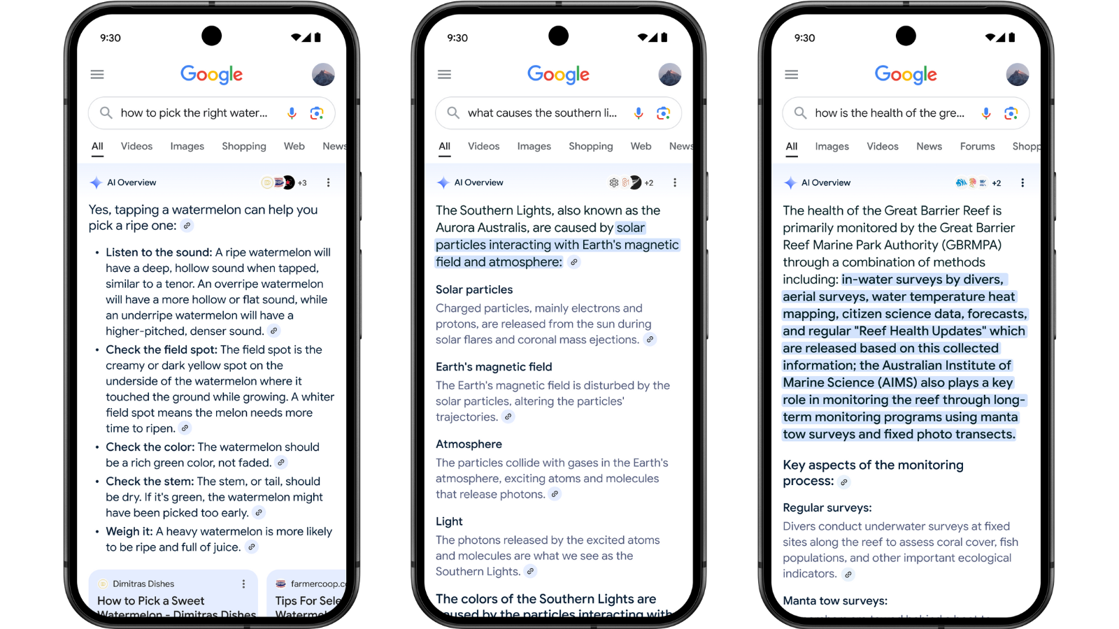 Three smartphones showing Google AI Overview search results.