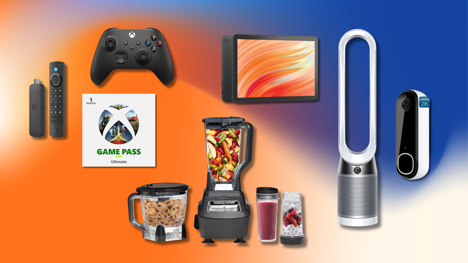 blue and orange background with Xbox Fire TV Stick bundle, Arlo doorbell, Dyson fan, and Ninja blender 