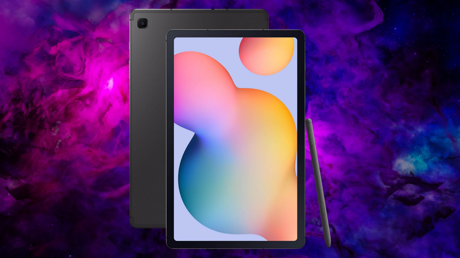 Samsung Galaxy Tab S6 Lite on an abstract purple tone background