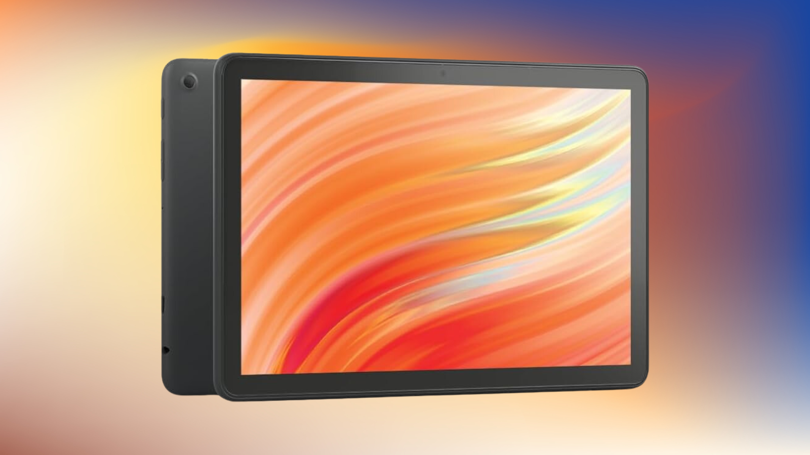 Amazon Fire HD 10 tablet on a blue, peach and yellow gradient background