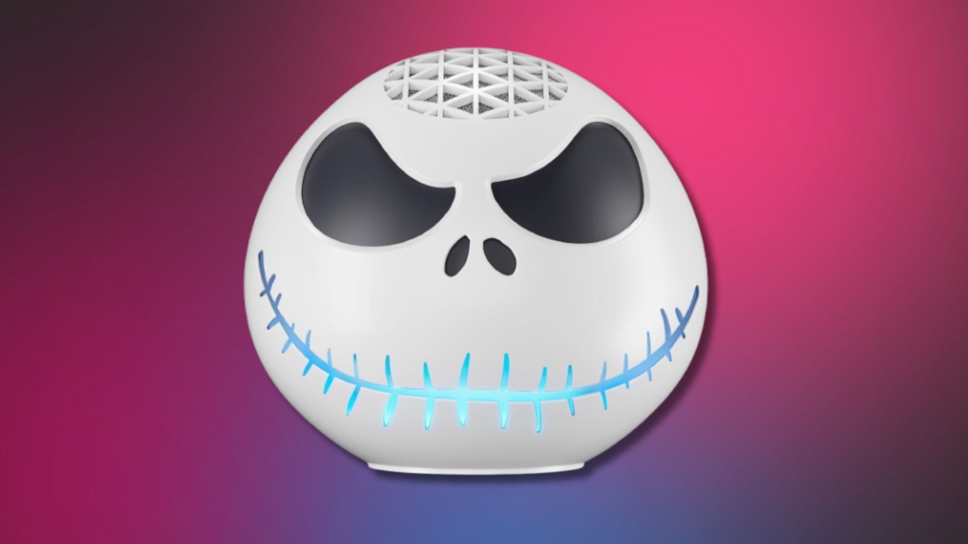 5th gen echo dot with a shell of Jack Skellington's head on a pink and black background