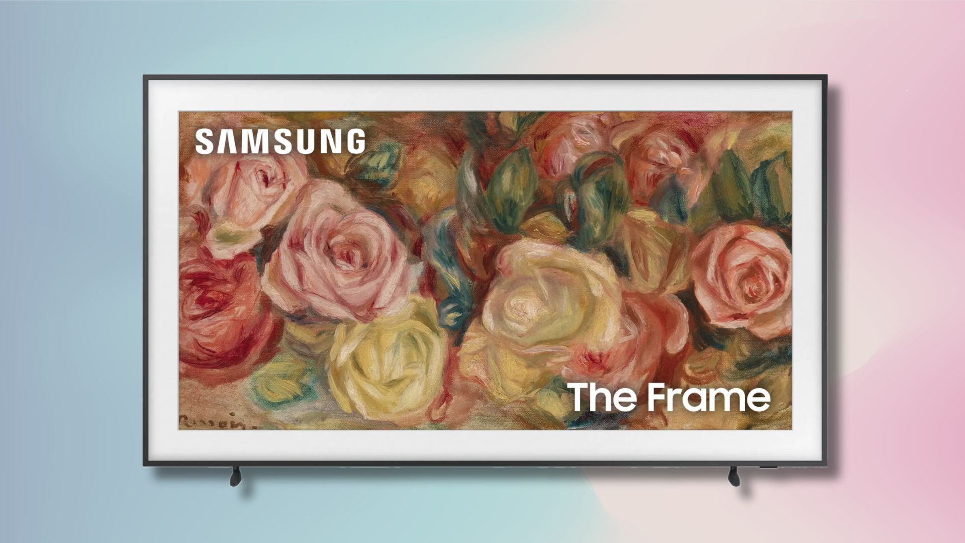 75-inch samsung the frame tv on a light pink and light blue gradient background