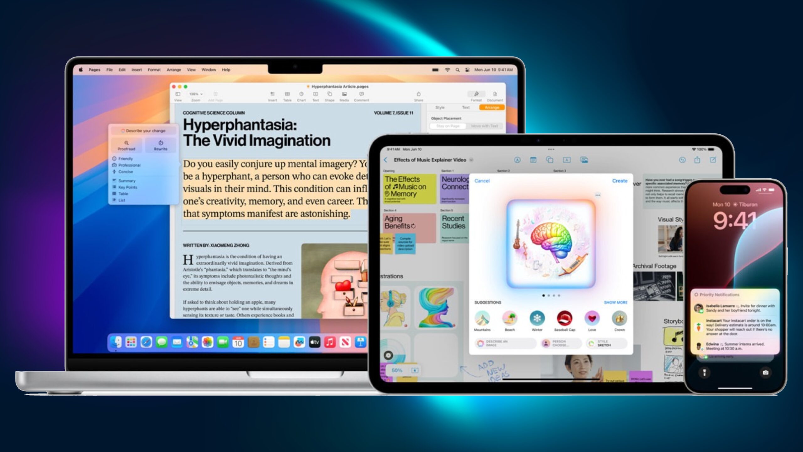 Apple Intelligence showcased on MacBook, iPad, and iPhone