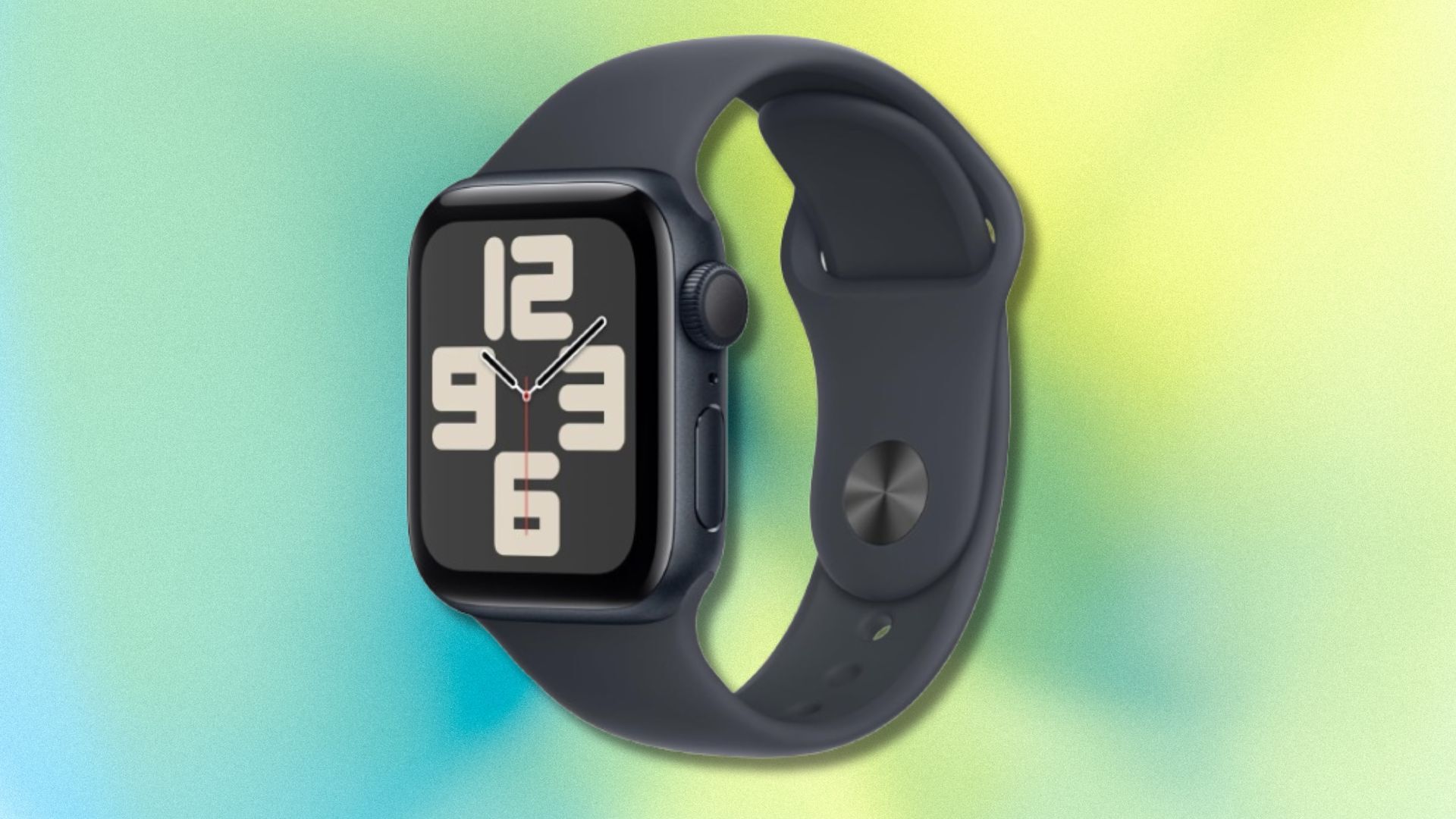 2nd gen apple watch se in the color midnight on a green and blue background