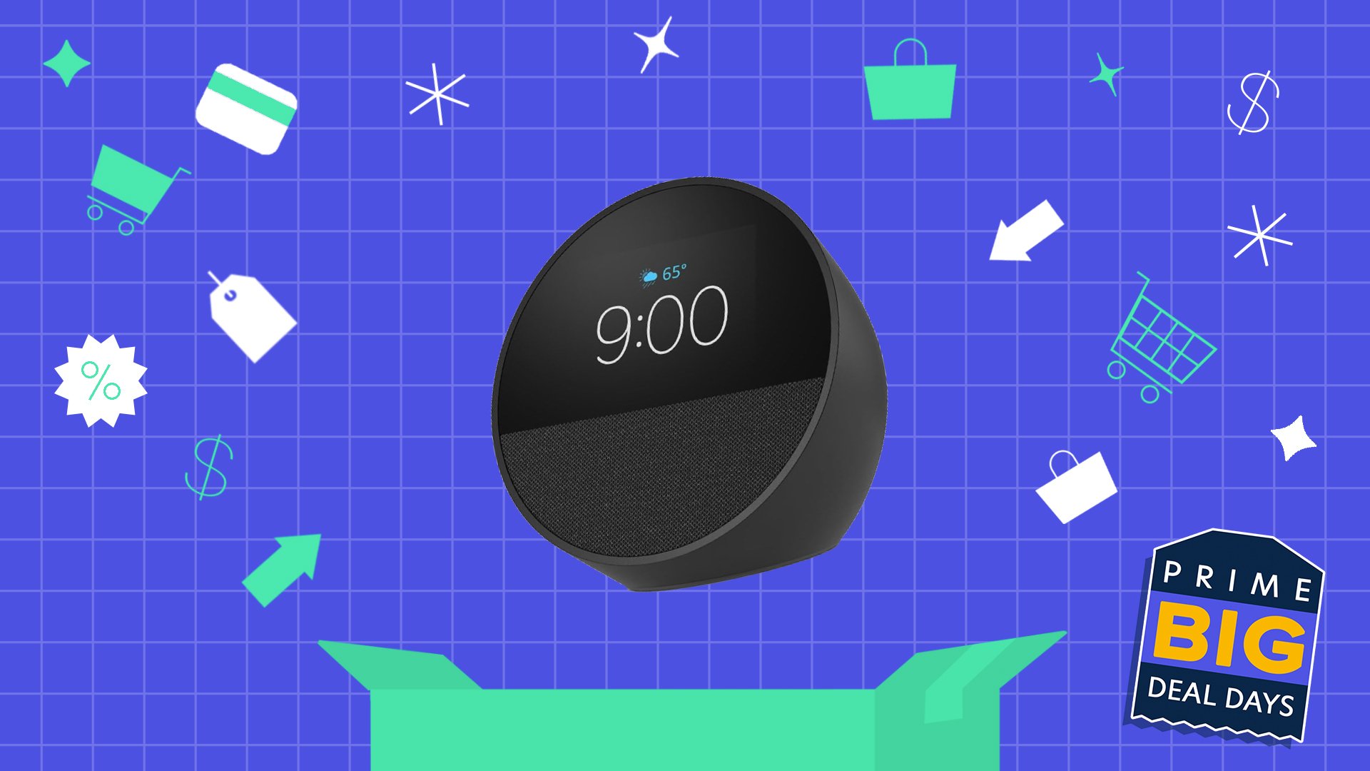 Image of an Echo Spot device appearing out of an illustrated cardboard box