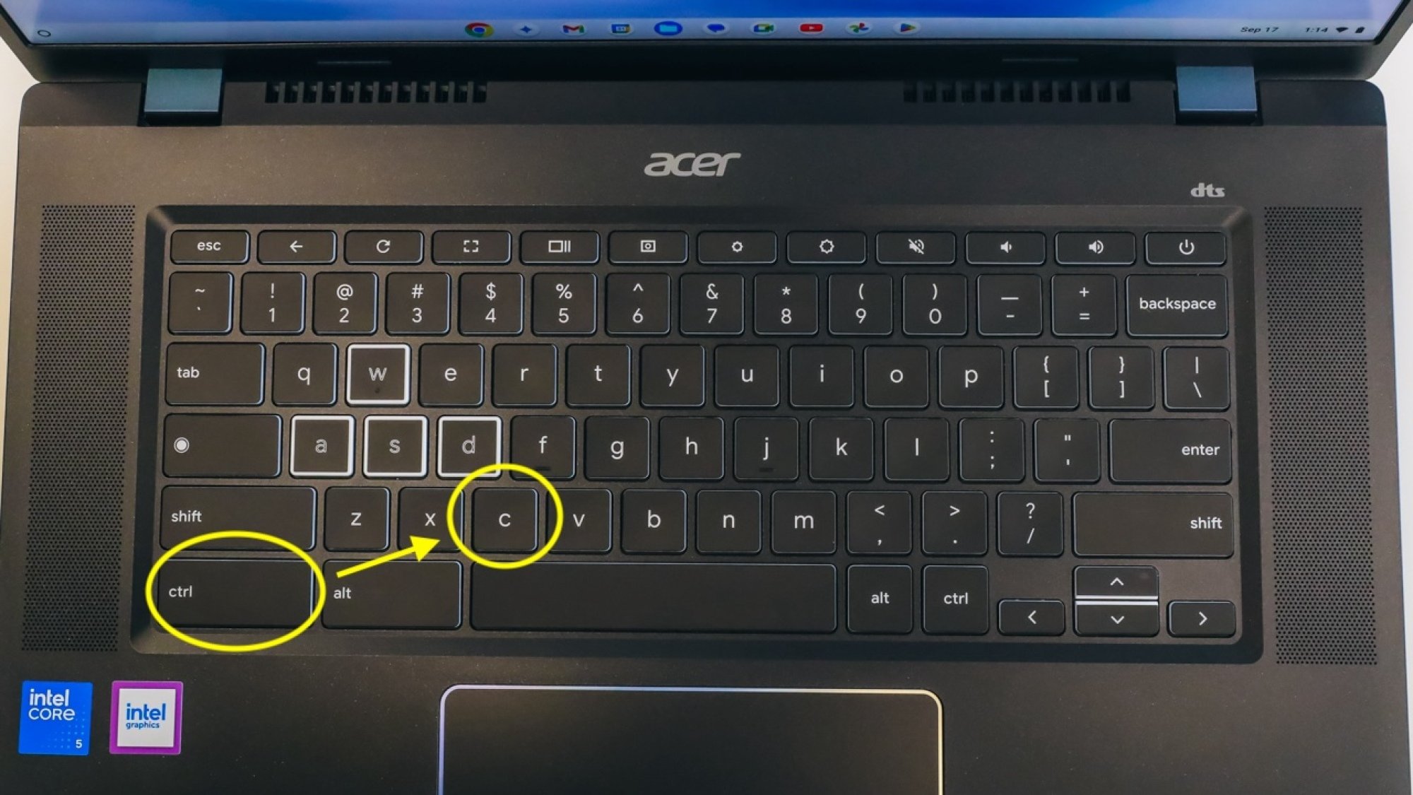 Chromebook keyboard with yellow ovals over the CTRL and C keys, and an arrow between the two