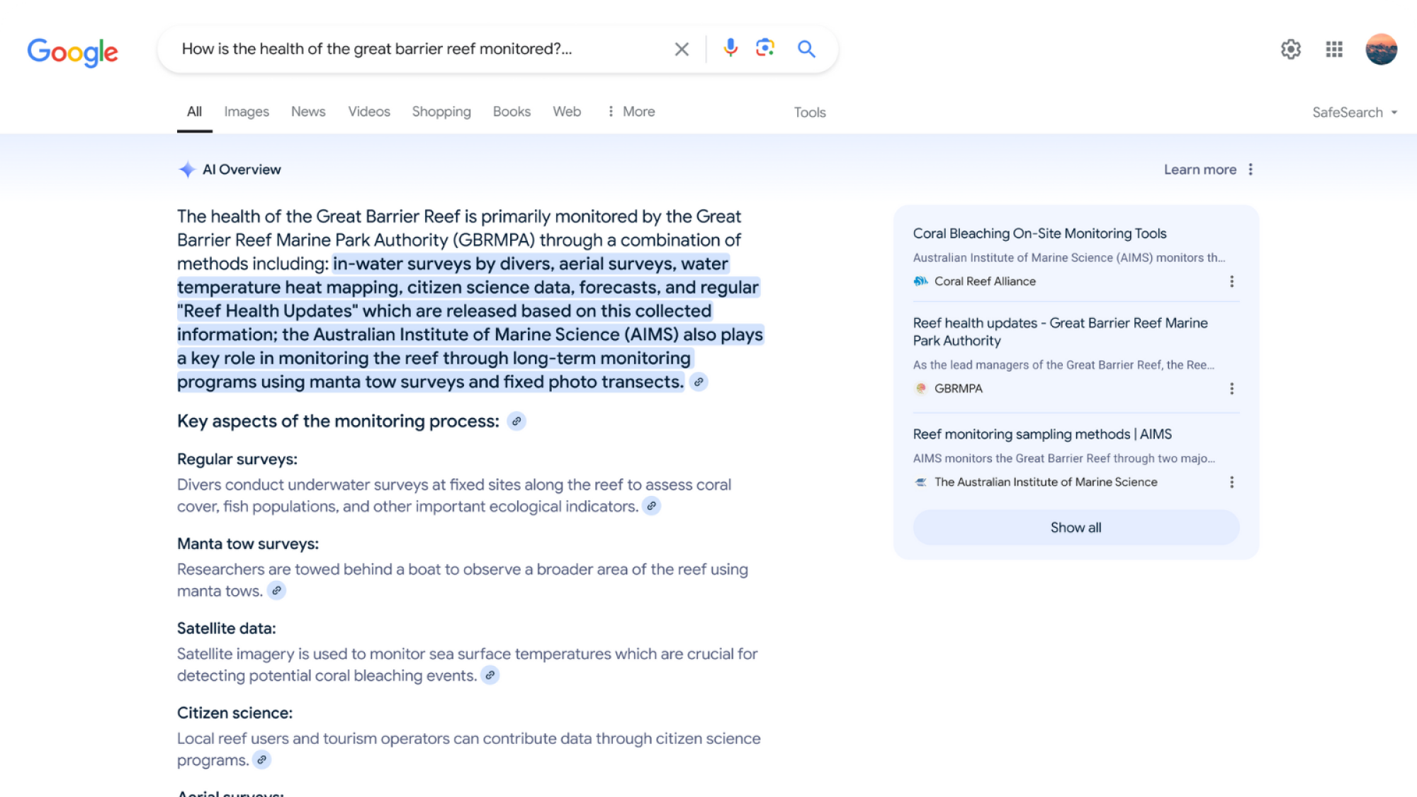 A screenshot of a Google AI Overview results addressing the question "how is the health of the great barrier reef monitored?"