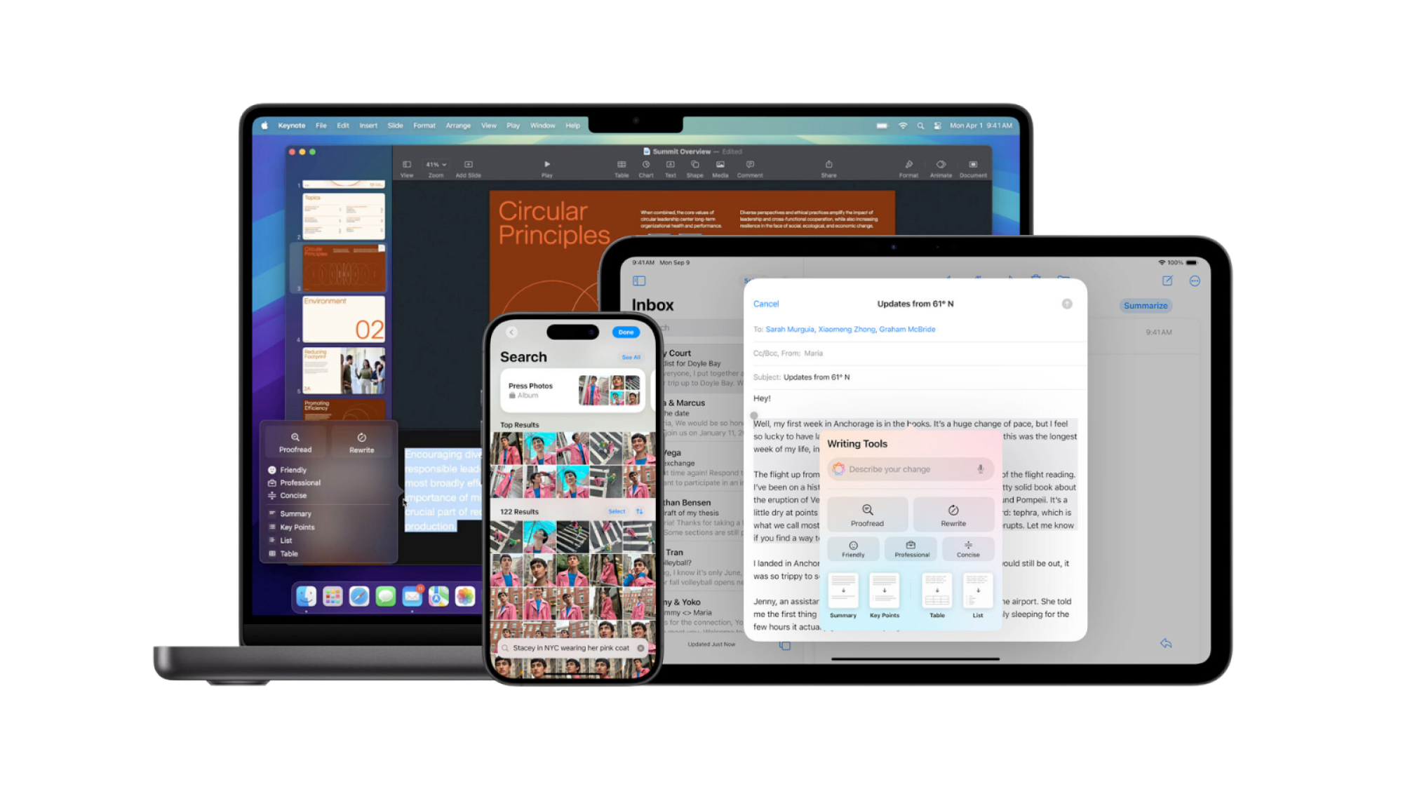 Apple Intelligence features shown on an iPhone, iPad, and Mac.